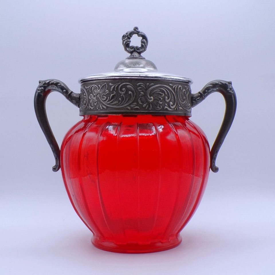 Early American Pressed Glass Biscuit Jar, Consolidated Glass Company, Cerise (OMN), introduced 1898