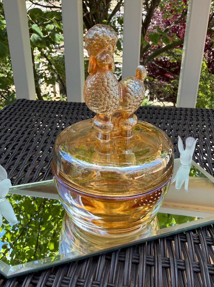 Vintage Jeanette Marigold Carnival Glass Vanity Jar with Poodle Lid