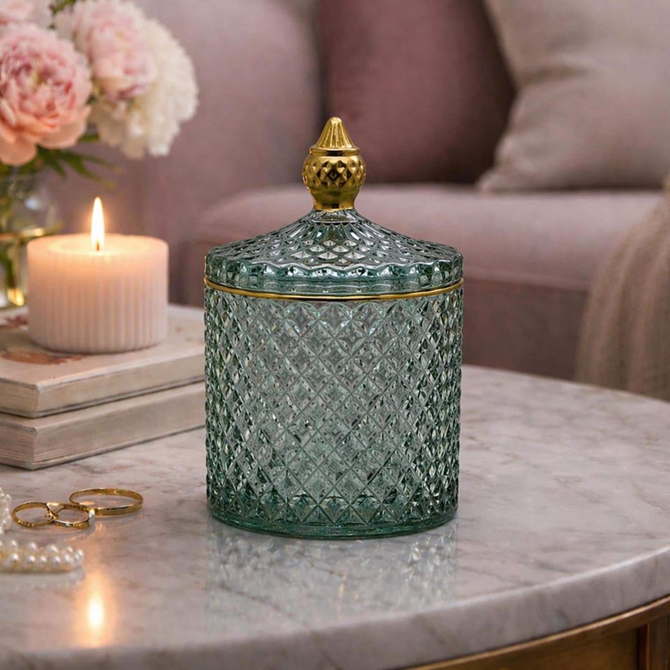 Emerald Green Glass Candy Dish with Lid, Apothecary Jar, Bar Cart Decor, Decorative Glass Jar, Vintage Style Home Accent