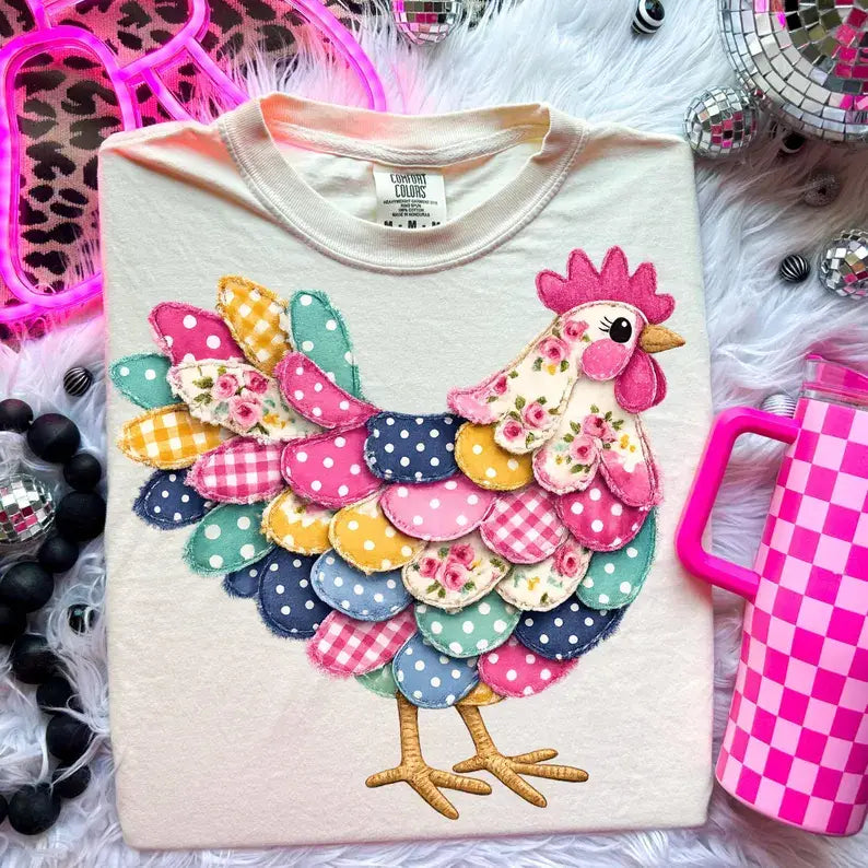 Patchwork Chicken Colorful Farm Spring Comfort Colors Tee Unisex , , , Long Sleeve Tee