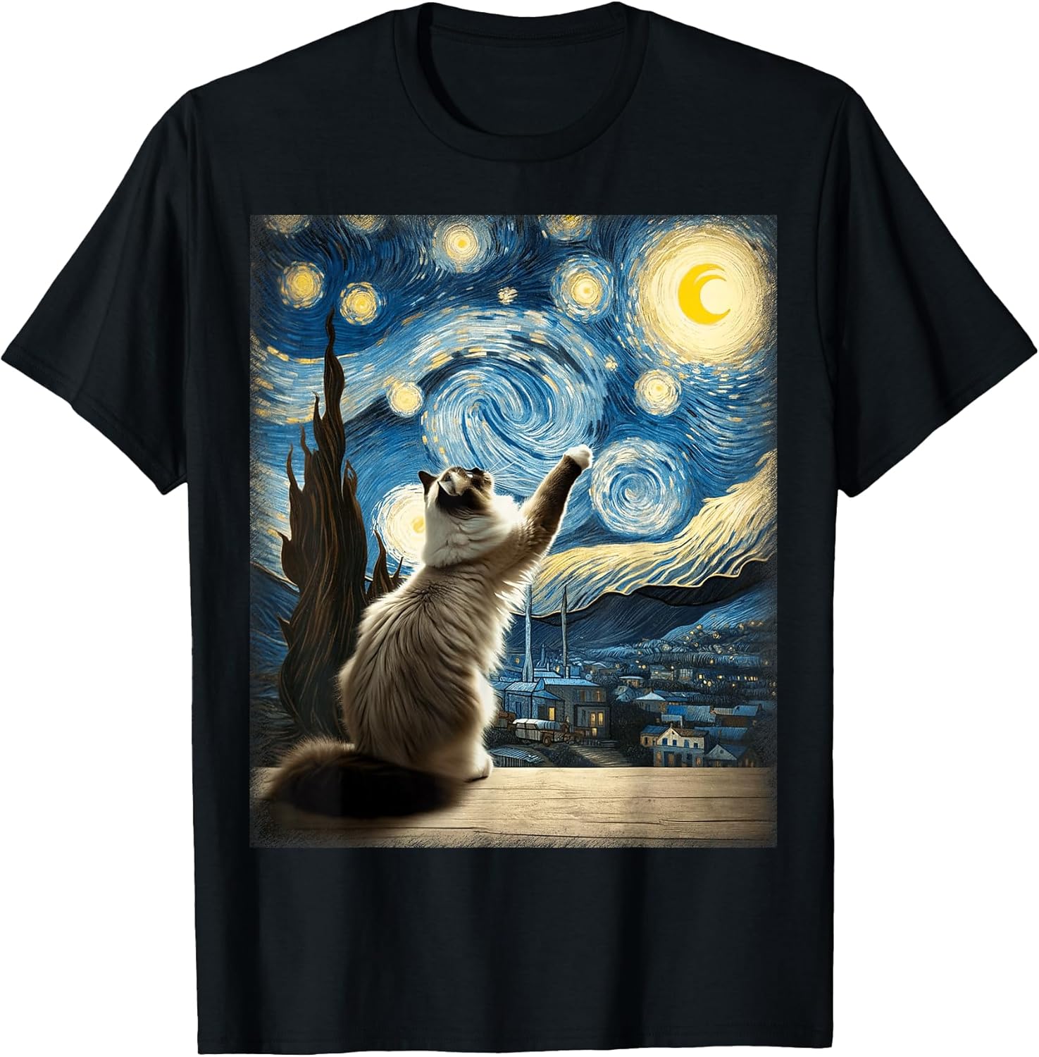 Van Gogh Starry Night Moon Artistic Pet Lover Ragdoll Cat Unisex , , , Long Sleeve Tee