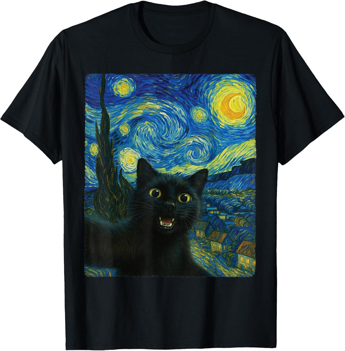 Black Cat Starry Night Van Gogh Cat Selfie Cat Mom Cat Lover Unisex , , , Long Sleeve Tee