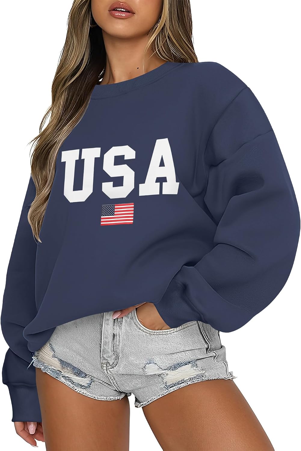 Women's Oversized USA Graphic Letter Print Sweatshirts Crewneck Patriotic Fleece Pullover Tops Winter Sweater
