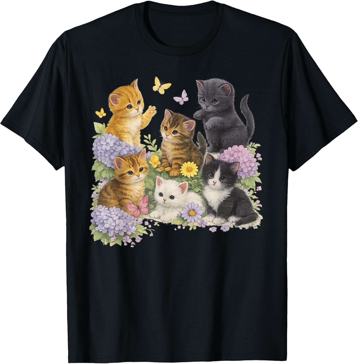 Cute Kittens Floral Garden Butterfly Cottagecore Cat Lover Unisex , , , Long Sleeve Tee