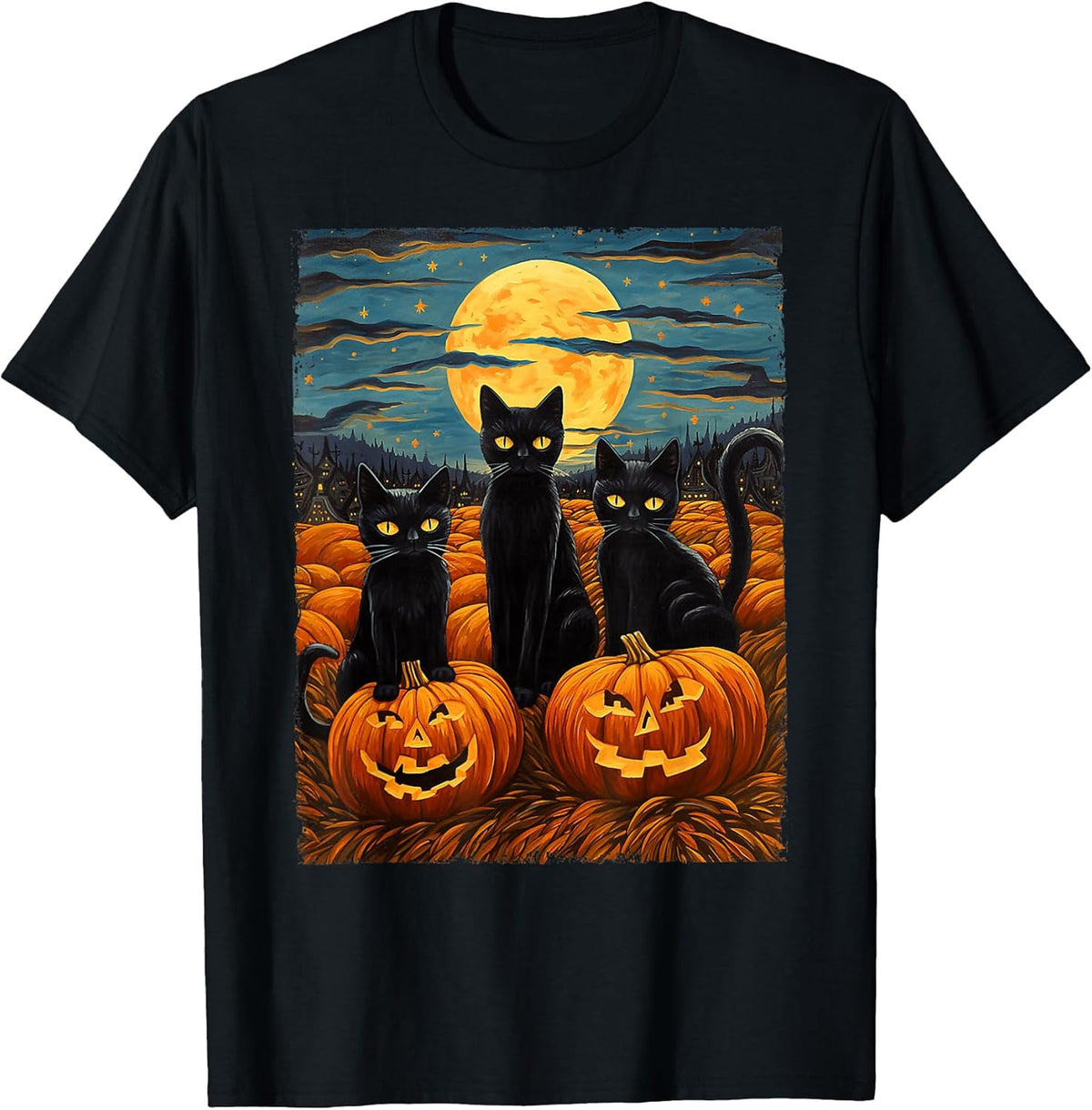 Black Cat Halloween Cat Lovers Starry Night Cat Van Gogh Cat Unisex , , , Long Sleeve Tee