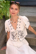 Bird Embroidery Short Sleeve Front Tie Top Unisex , , , Long Sleeve Tee