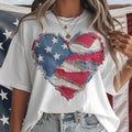 USA Flag Heart Stars and Stripes Denim Patchwork Print Tee Unisex , , , Long Sleeve Tee