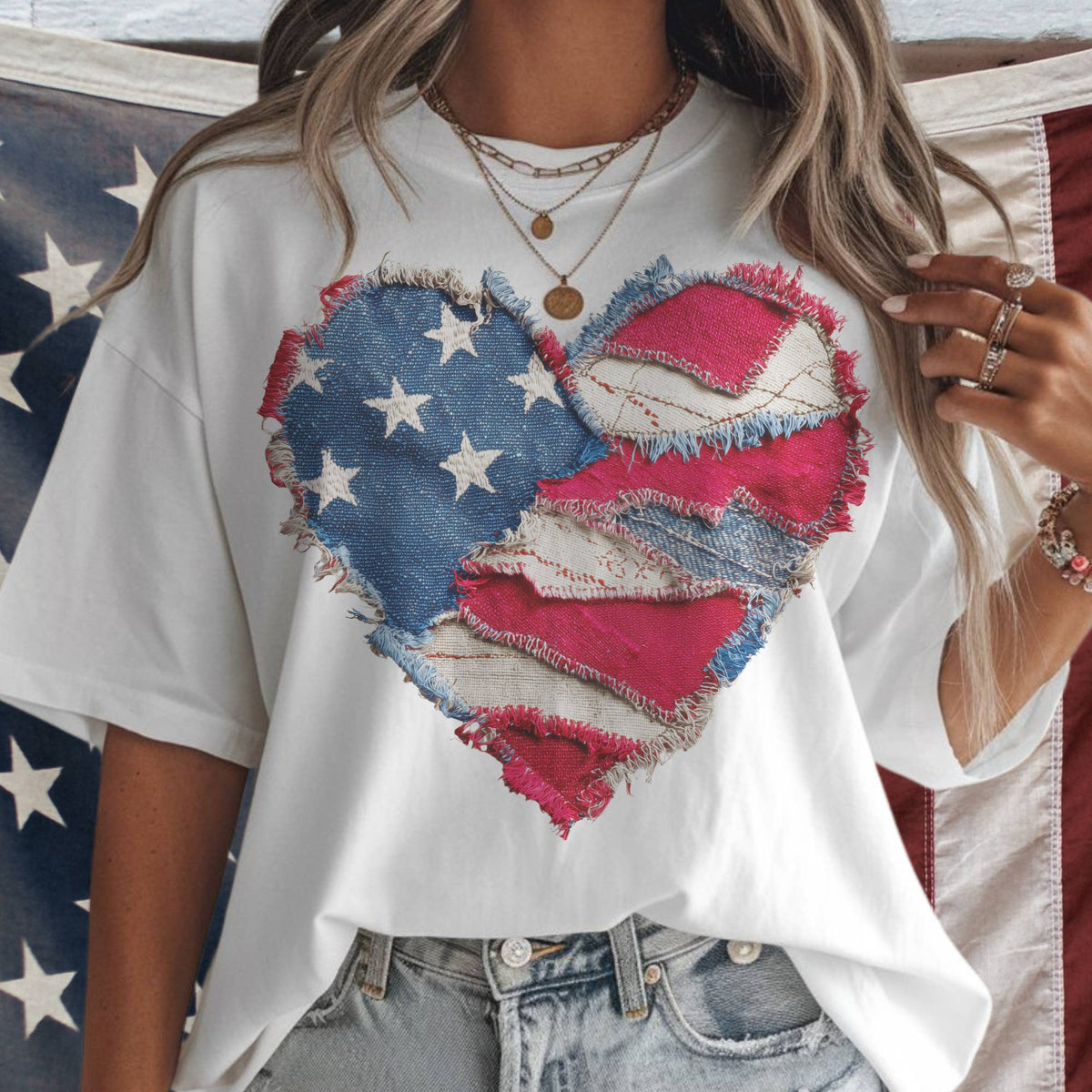 USA Flag Heart Stars and Stripes Denim Patchwork Print Tee Unisex , , , Long Sleeve Tee