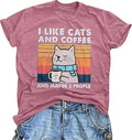 Cats and Coffee Graphic Crew Neck Short Sleeve Cat Lover Shirts Retro Coffee Lover Gift Tee Tops