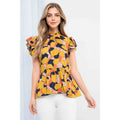 Printed Ruffle Sleeve Peplum Mock Neck Fashion Top Unisex , , , Long Sleeve Tee