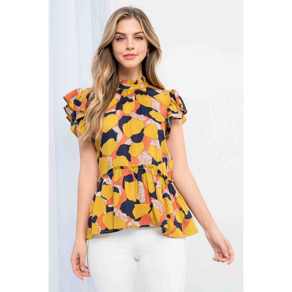 Printed Ruffle Sleeve Peplum Mock Neck Fashion Top Unisex , , , Long Sleeve Tee