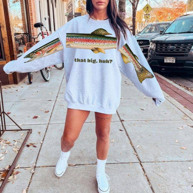 That Big, Huh? Fishing Graphic - Ash Gray Unisex , , , Long Sleeve Tee