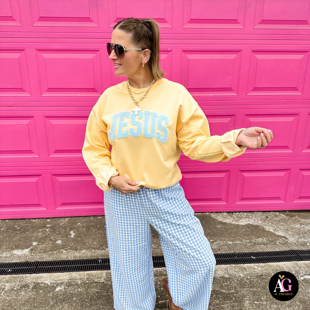 Jesus Crewneck , Yellow Haze with Blue Patch Unisex , , , Long Sleeve Tee