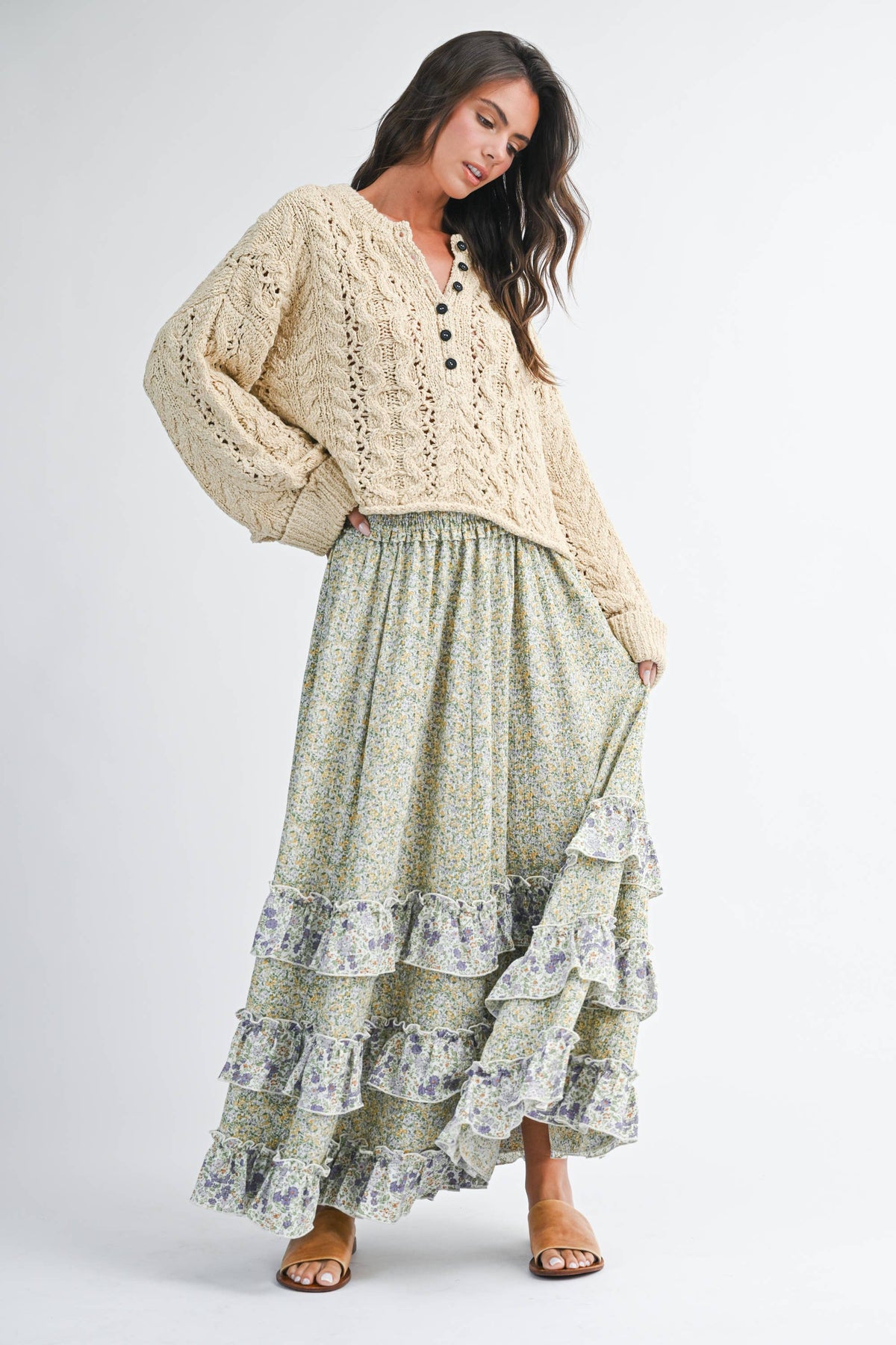 7150HK Floral Ruffle Maxi Skirt Unisex , , , Long Sleeve Tee