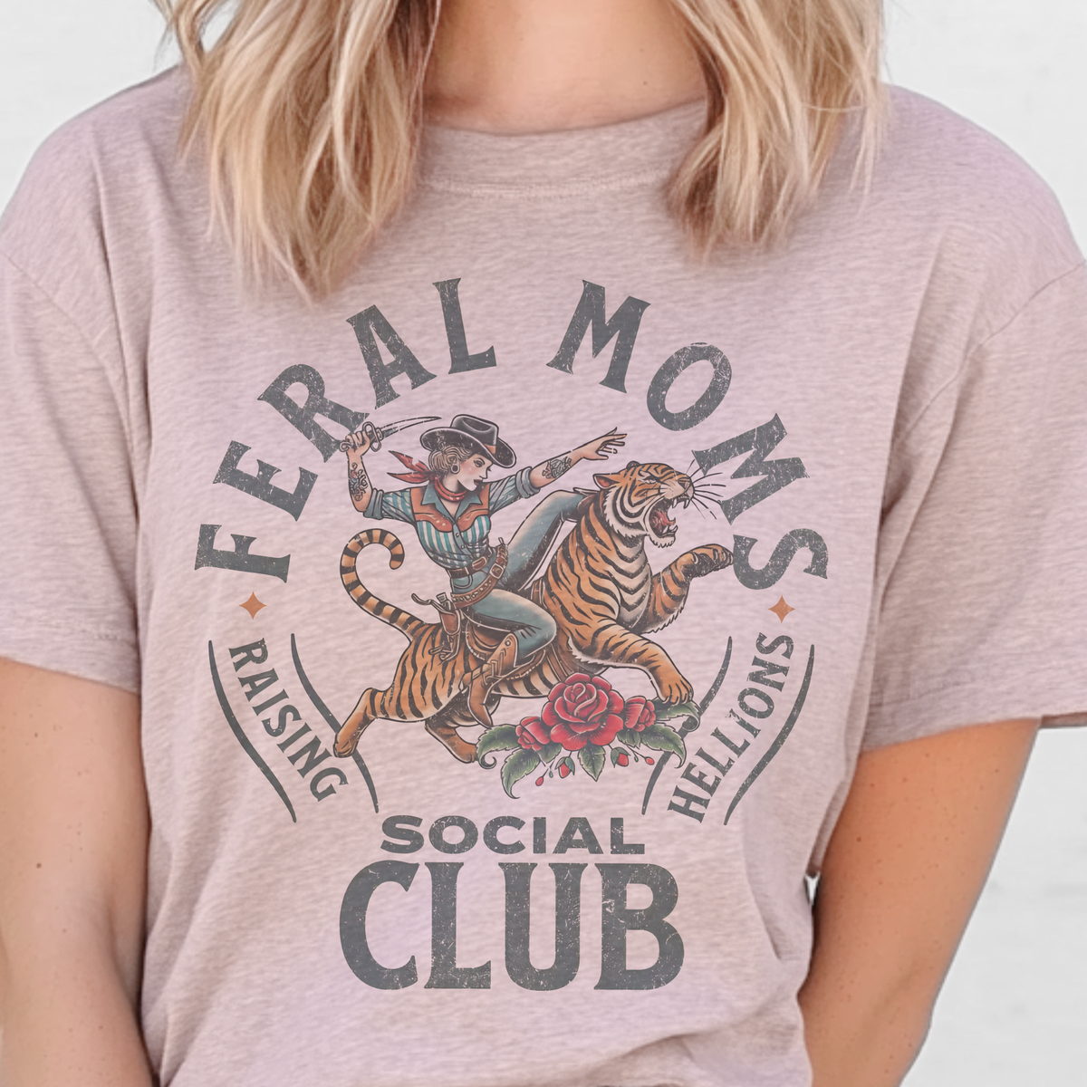 Feral Moms Club Funny Western Cowgirl Tiger Graphic Tee Unisex , , , Long Sleeve Tee