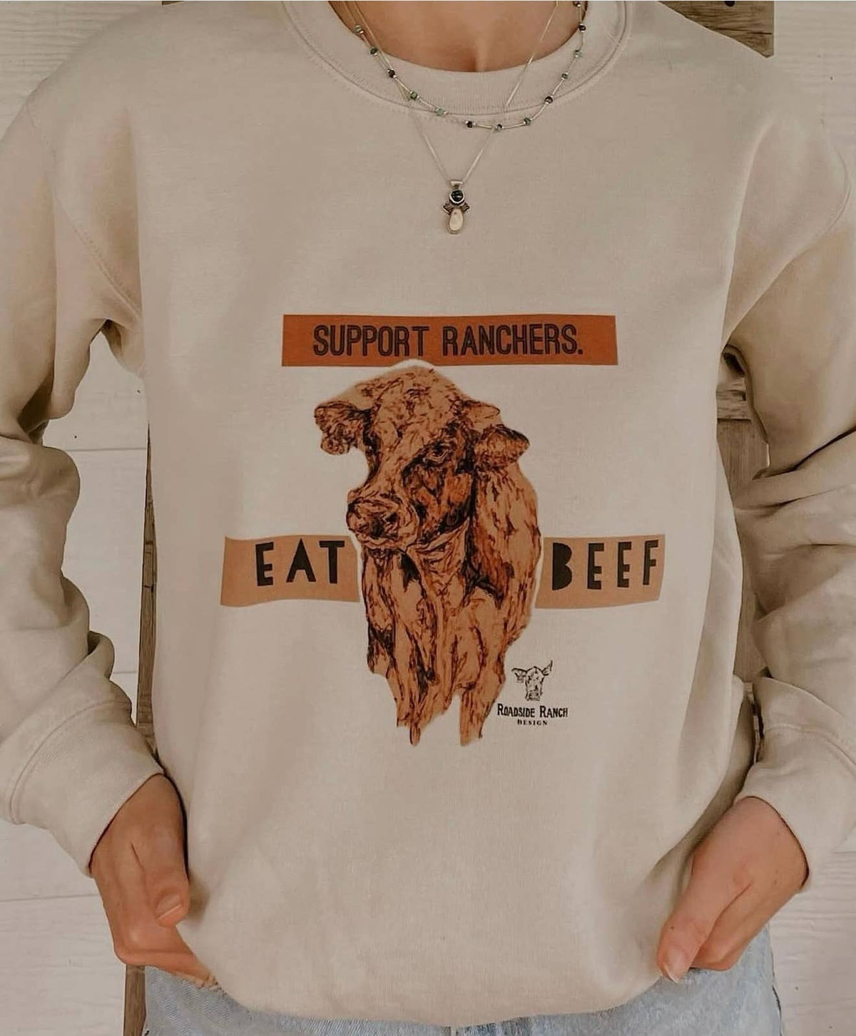 Tan Eat Beef Support Ranchers Crewneck | 50/50 Cotton Unisex , , , Long Sleeve Tee