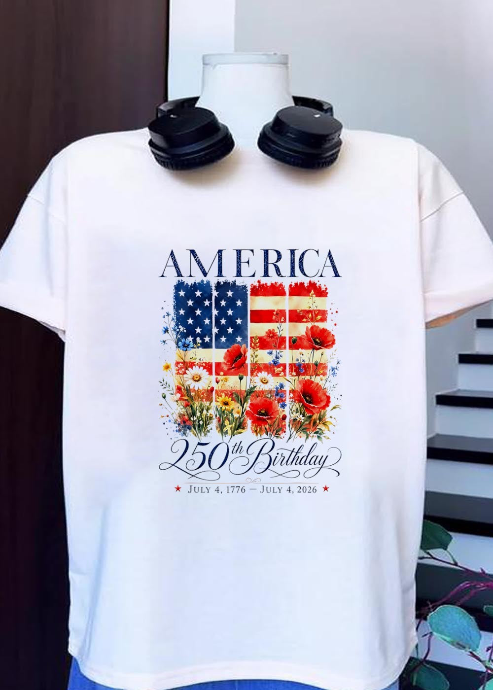 America 250th Birthday July 4 1776 2026 Floral Flag T-Shirt