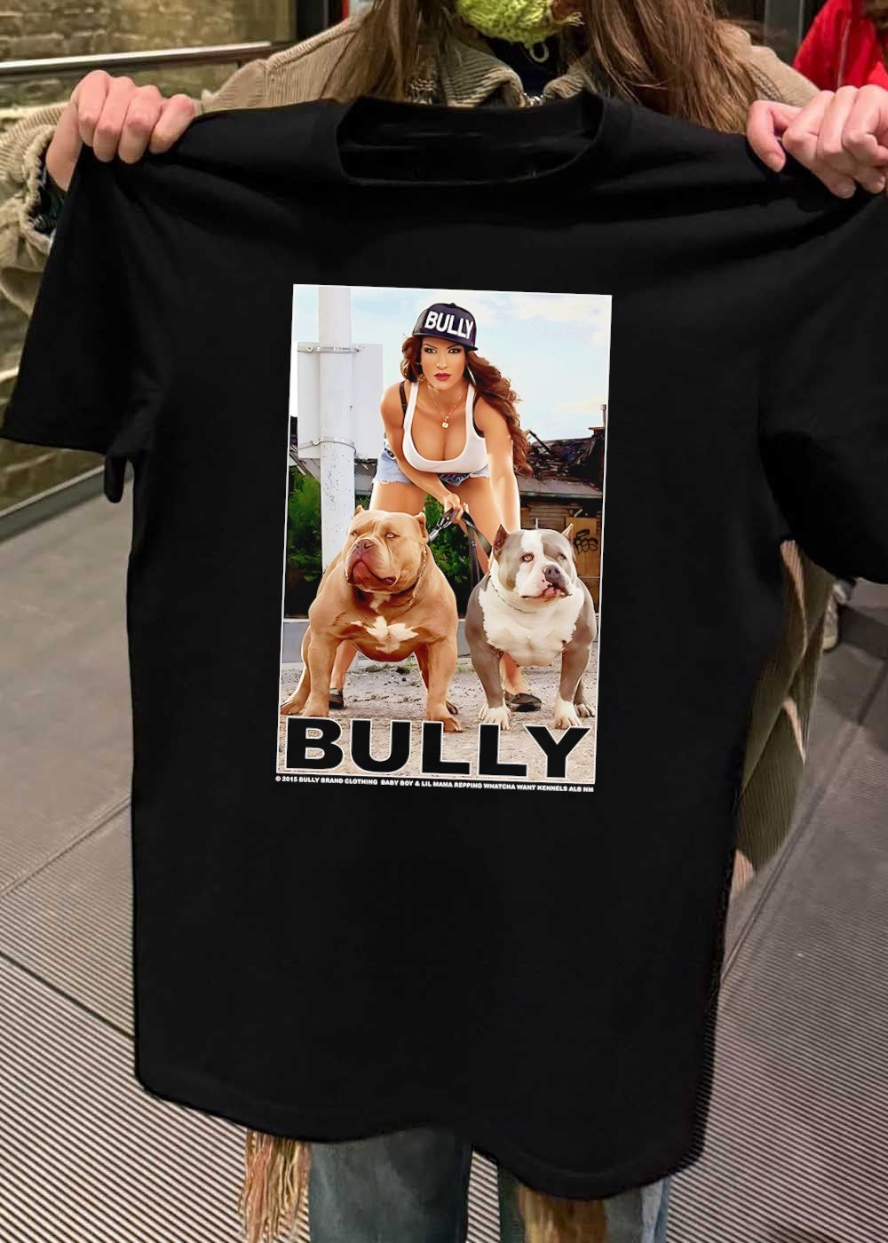 Bully Brand Clothing Baby Boy and Lil Mama Repping Whatcha Want Kennels Alb NM Woman Posing with Two American Bully Dogs T-Shirt
