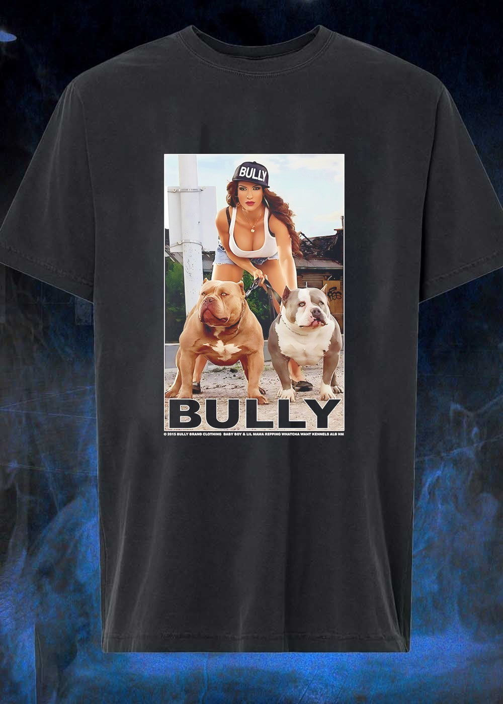 Bully Brand Clothing Baby Boy and Lil Mama Repping Whatcha Want Kennels Alb NM Woman Posing with Two American Bully Dogs T-Shirt