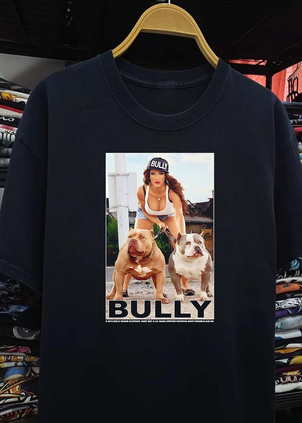 Bully Brand Clothing Baby Boy and Lil Mama Repping Whatcha Want Kennels Alb NM Woman Posing with Two American Bully Dogs T-Shirt