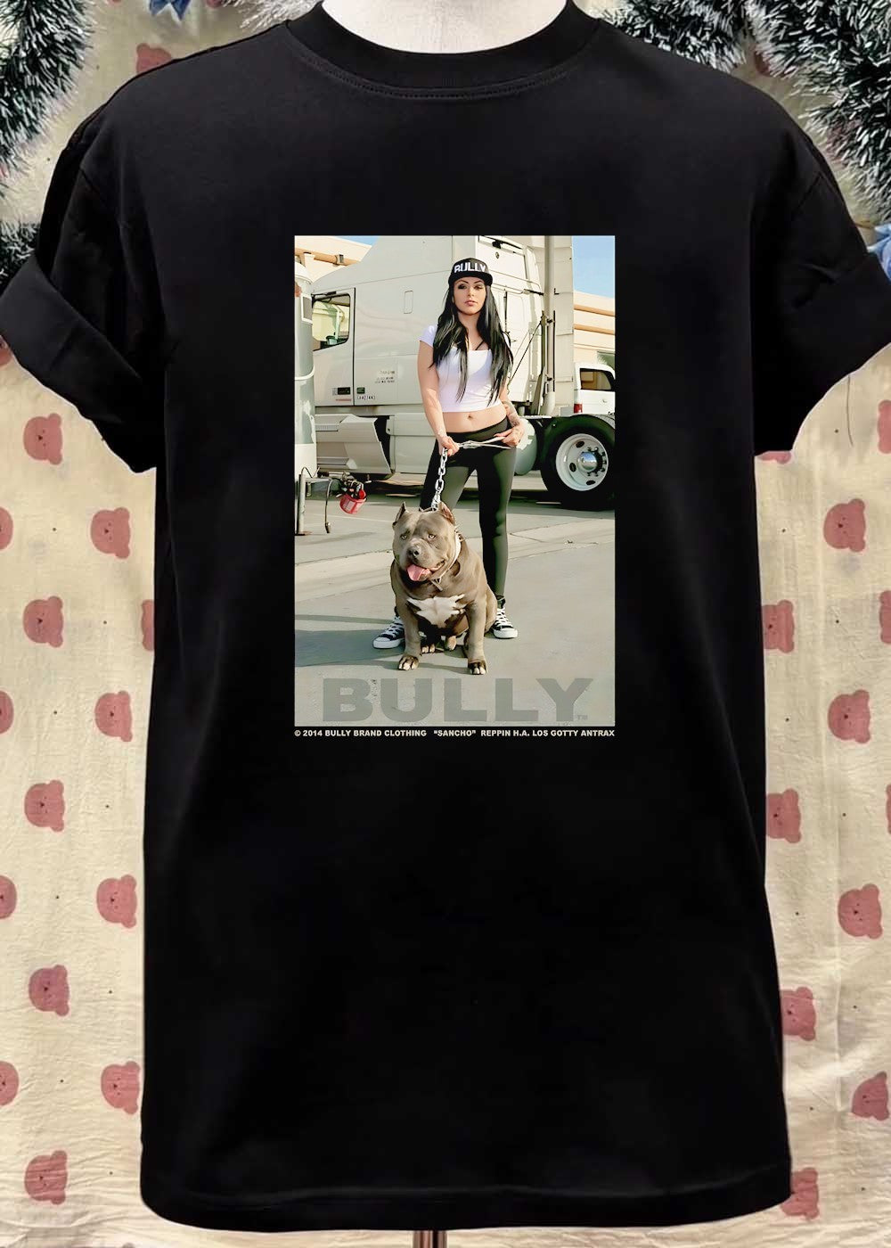 Bully Brand Clothing Sancho Reppin HA Los Gotty Antrax Woman With Dog Shirt