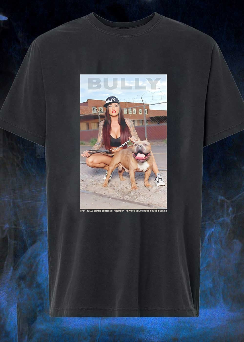 Bully Brand Clothing Woman Holding American Bully Dog Repping Velas Dogg Pound Bullies T-Shirt