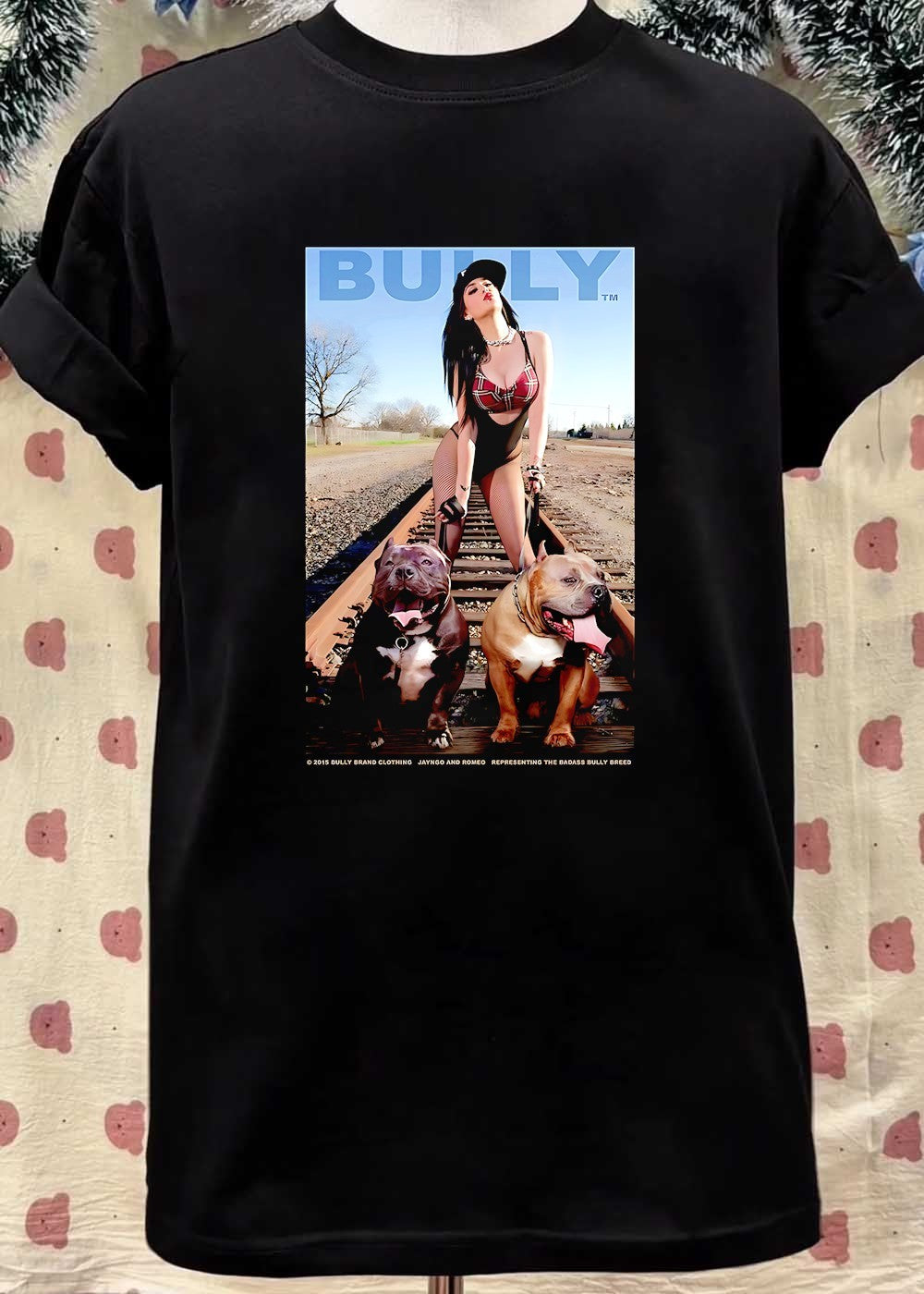 Bully Brand Cloyhing Jayngo and Romeo Representing the Badass Bully Breed Woman Walking Two Pitbulls on Train Tracks T-Shirt