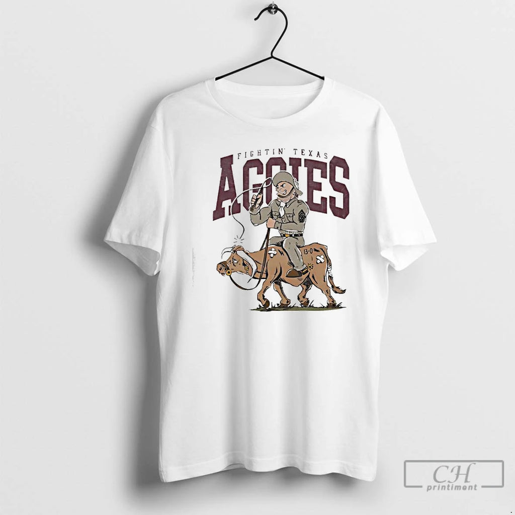 Classic Fightin Texas Aggie Cadet Riding A Longhorn Steer