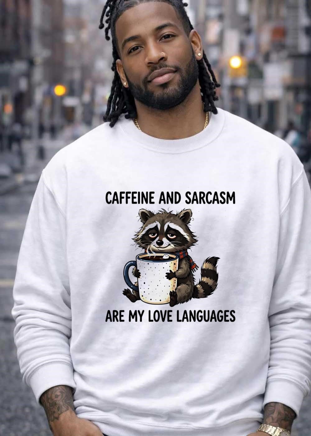 Cute Raccoon Holding Coffee Mug Caffeine and Sarcasm Are My Love Languages T-Shirt