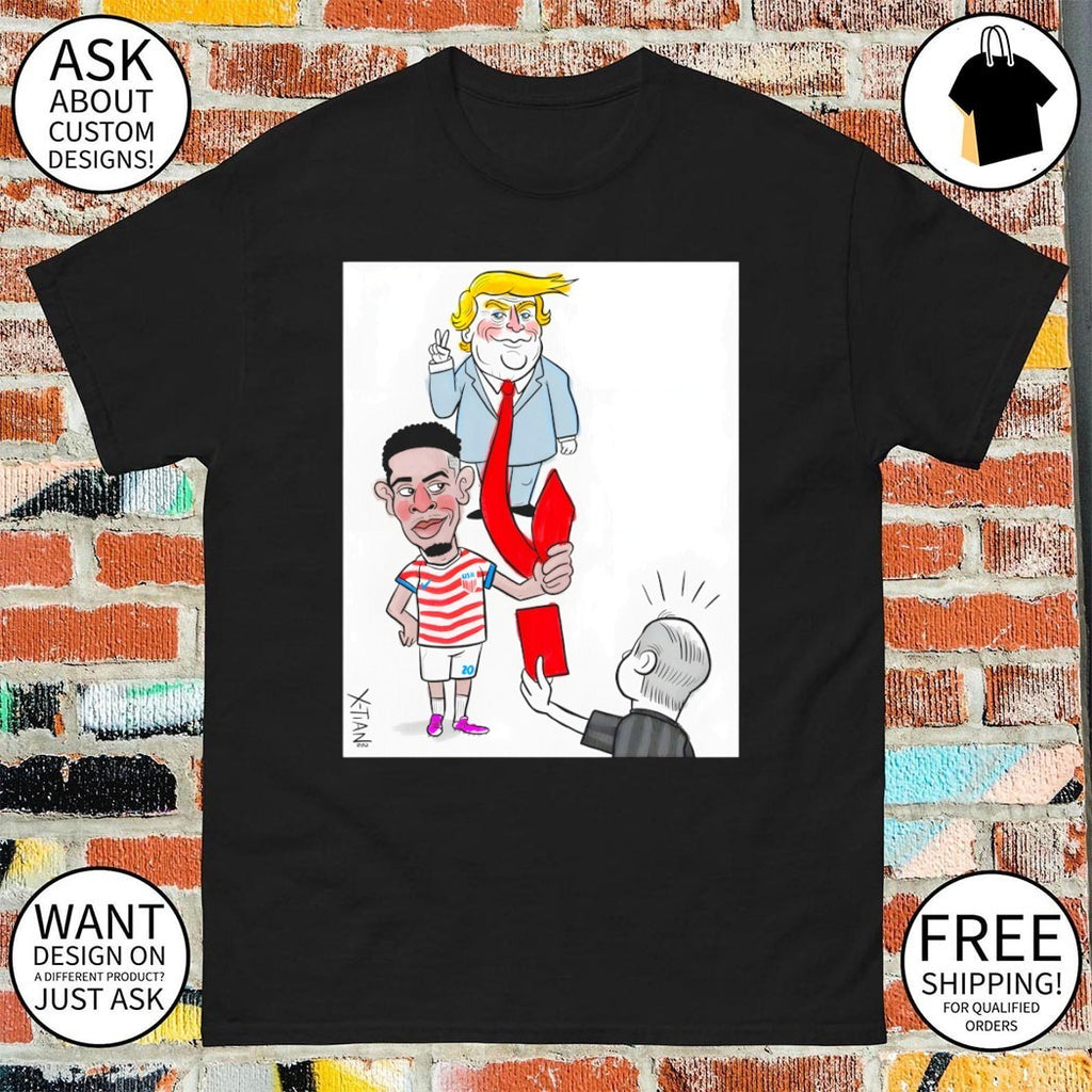 Folarin Balogun cartoon holding Trump tie Red Card World Cup 2026 shirt