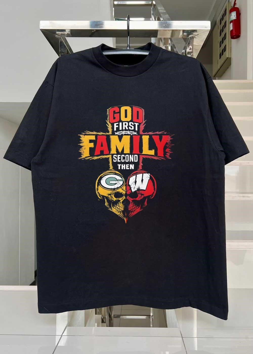 God First Family Second Then Green Bay Packers Wisconsin Badgers Skull shirt