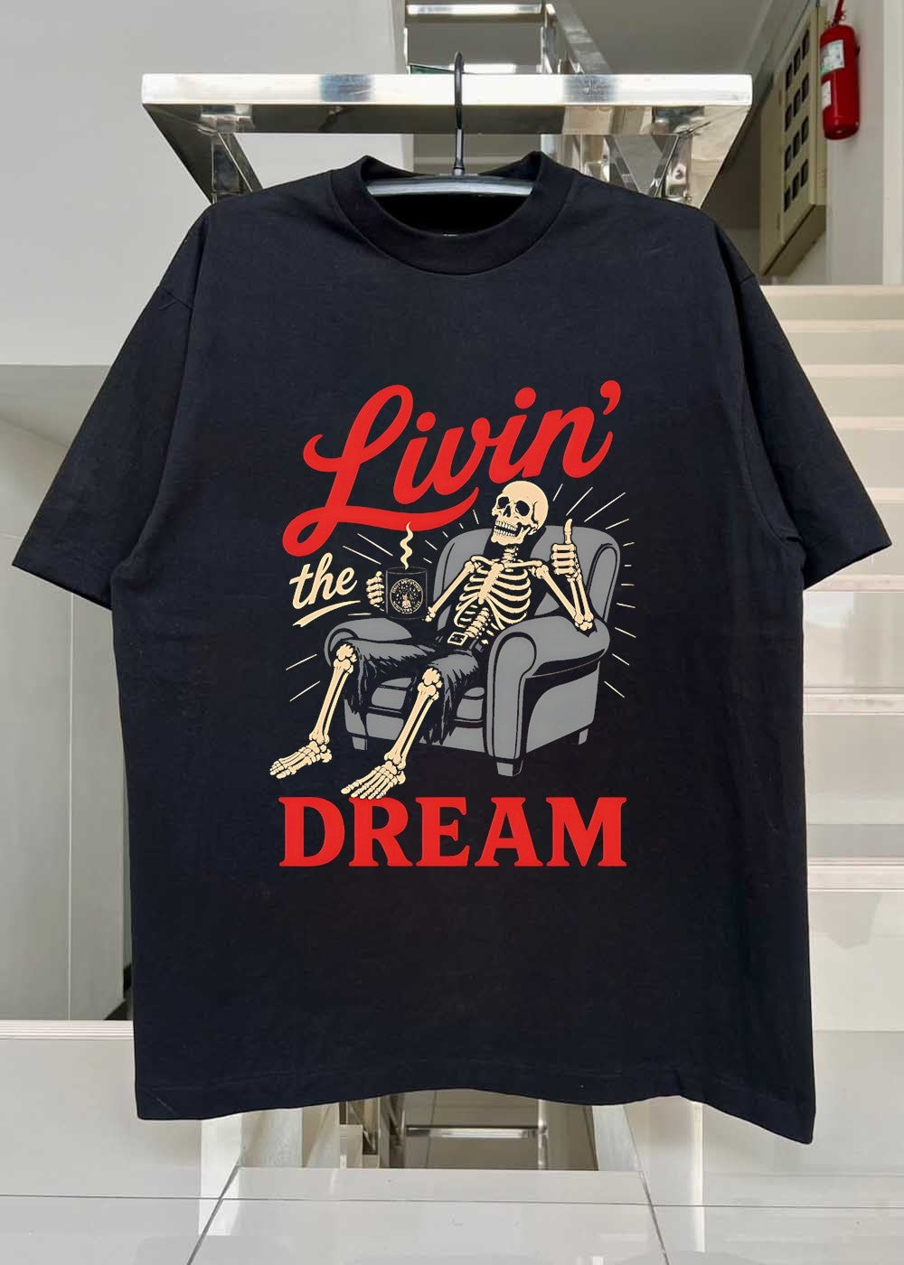 Livin the Dream Skeleton Relaxing in Armchair T-Shirt