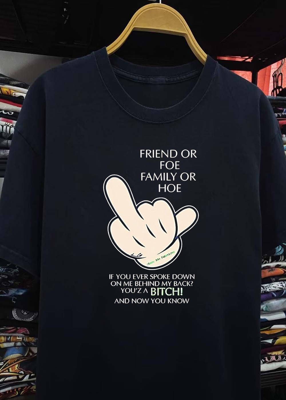 Middle Finger Hand Sign Quote T-Shirt Friend or Foe Family or Hoe You Are a Bitch and Now You Know