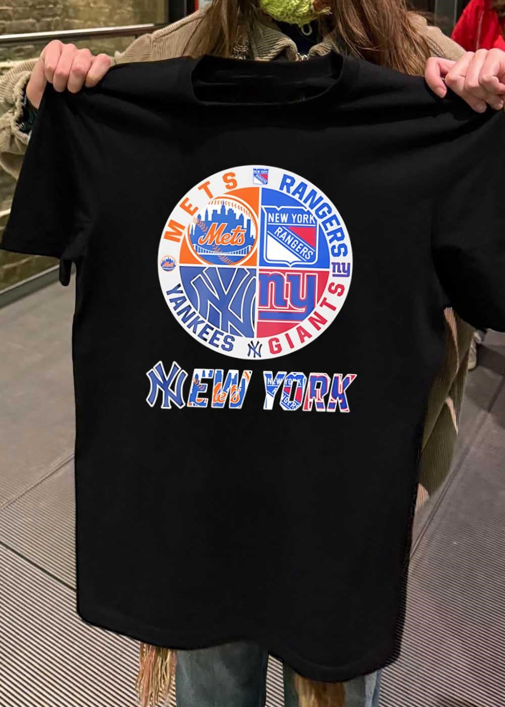 NY NY New York Mets Rangers Yankees Giants Logo Print Shirt