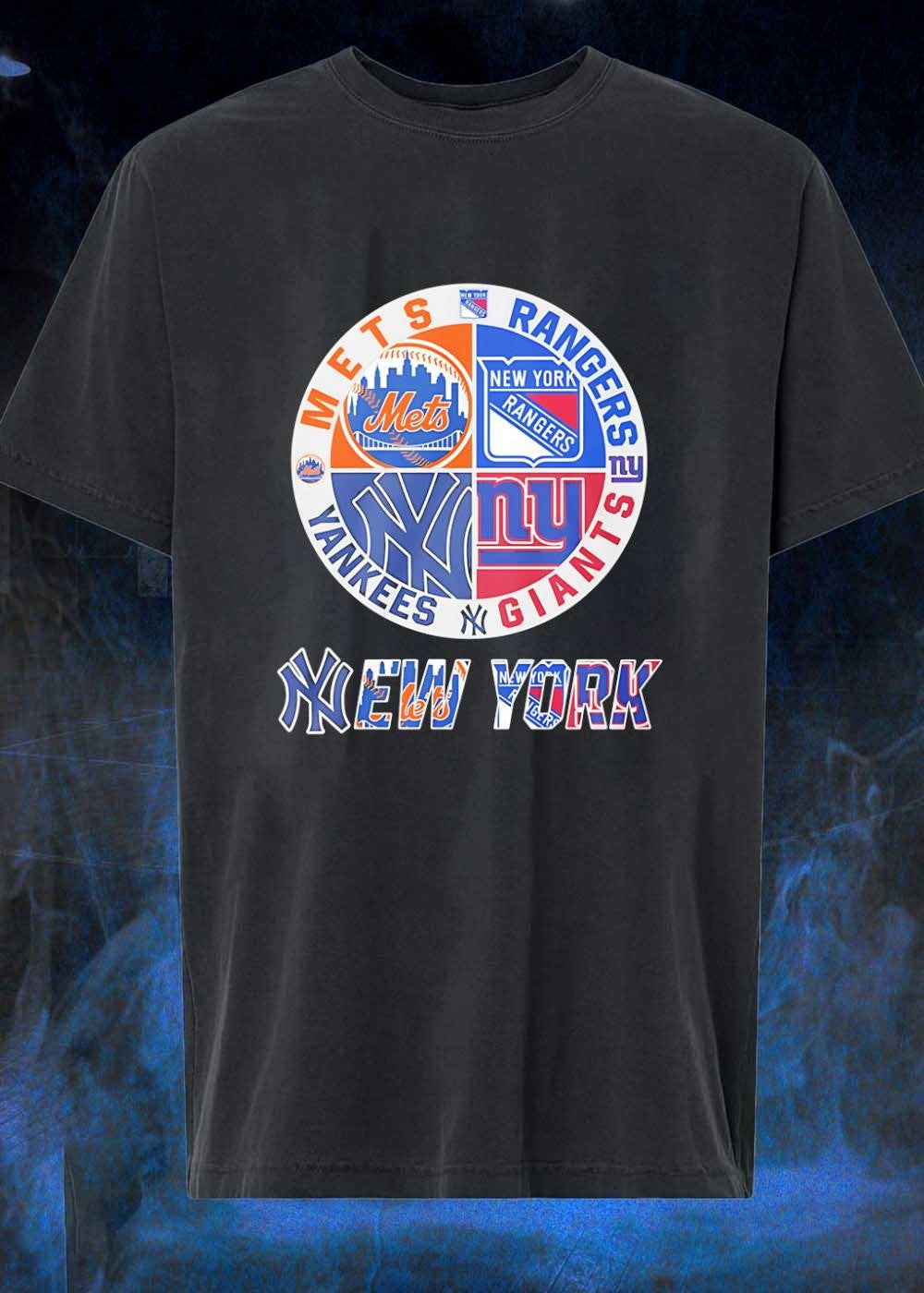NY NY New York Mets Rangers Yankees Giants Logo Print Shirt