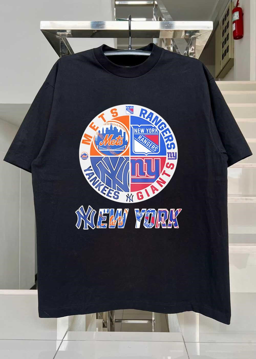 NY NY New York Mets Rangers Yankees Giants Logo Print Shirt