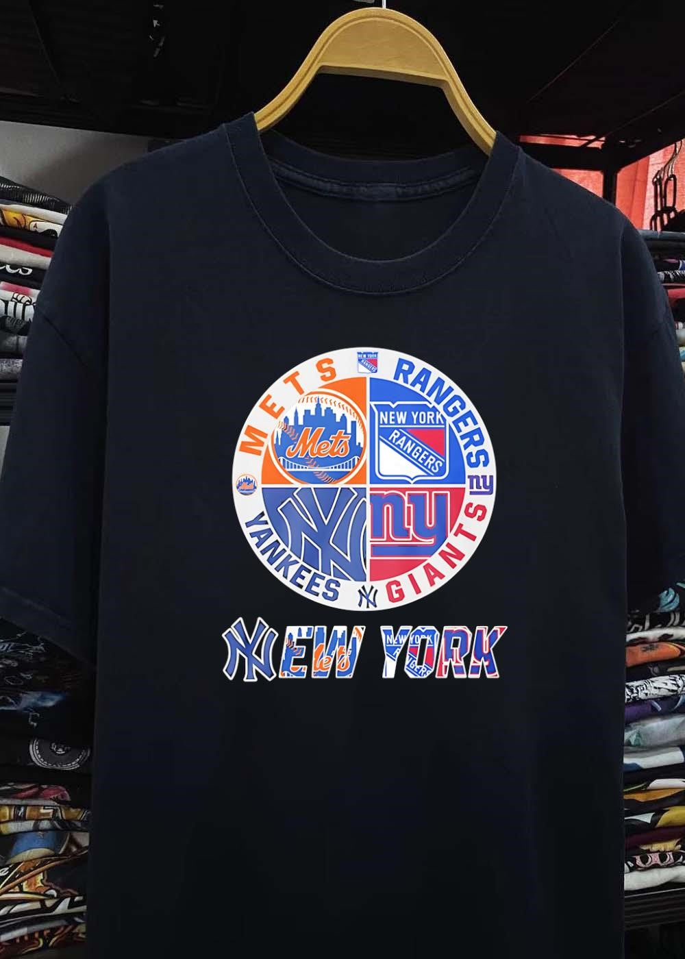 NY NY New York Mets Rangers Yankees Giants Logo Print Shirt