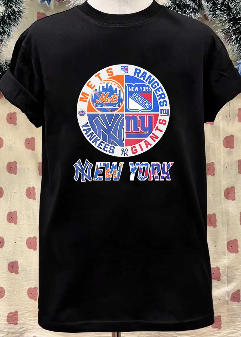 NY NY New York Mets Rangers Yankees Giants Logo Print Shirt