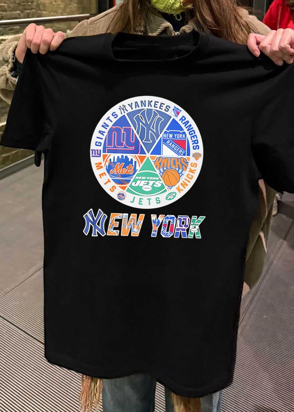 NY Sports Fan Collage Yankee Mets Giants Ranger Knick Jet Logo Printed shirt