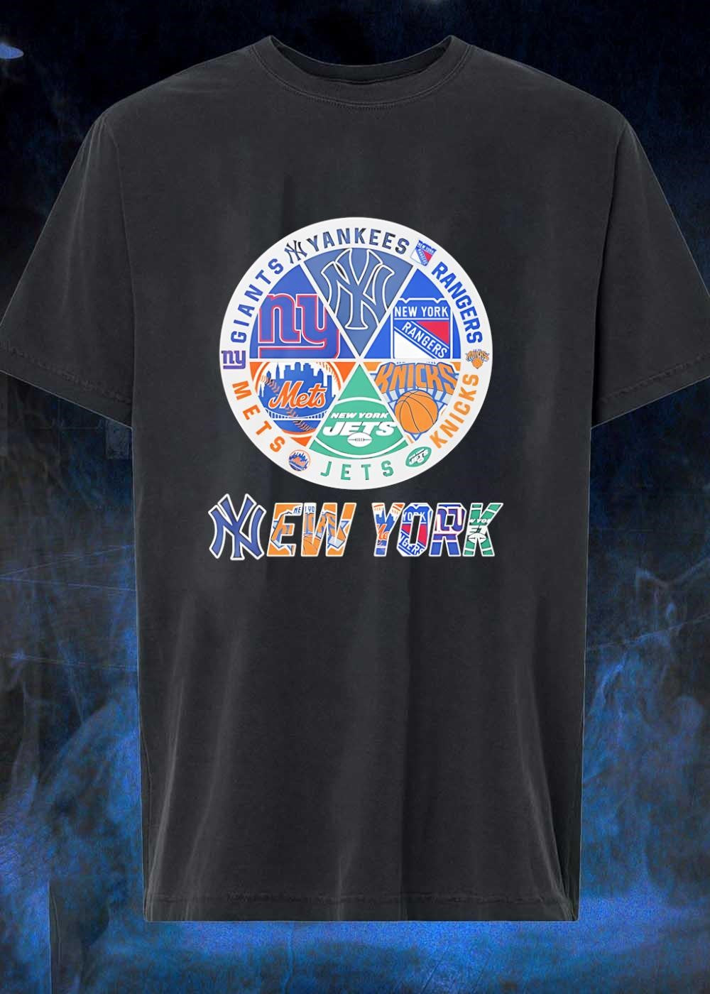 NY Sports Fan Collage Yankee Mets Giants Ranger Knick Jet Logo Printed shirt
