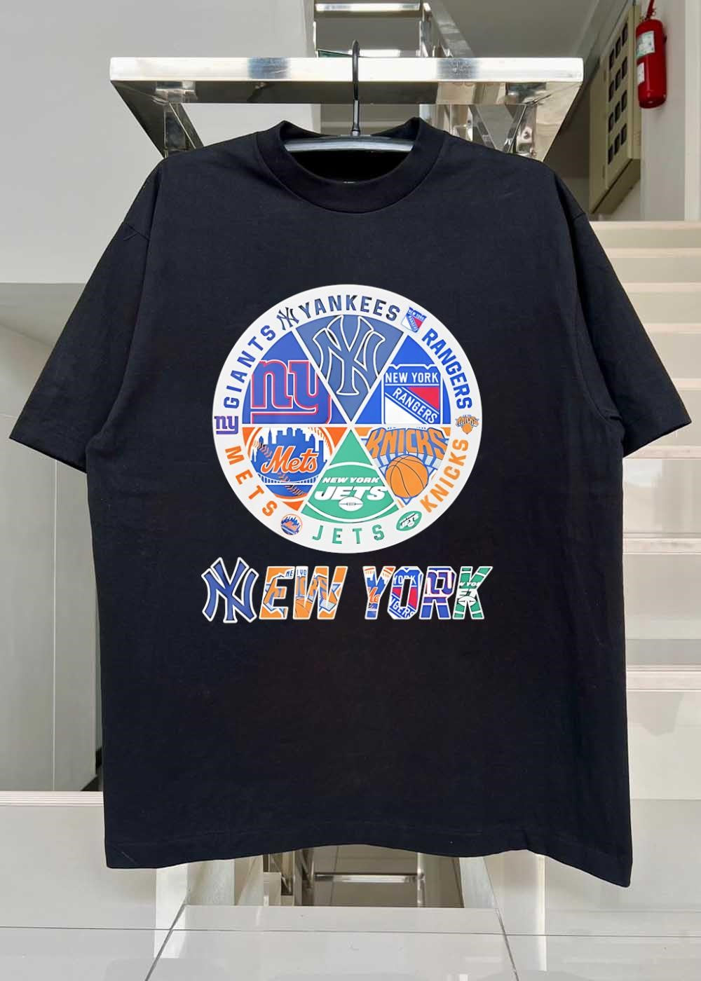 NY Sports Fan Collage Yankee Mets Giants Ranger Knick Jet Logo Printed shirt