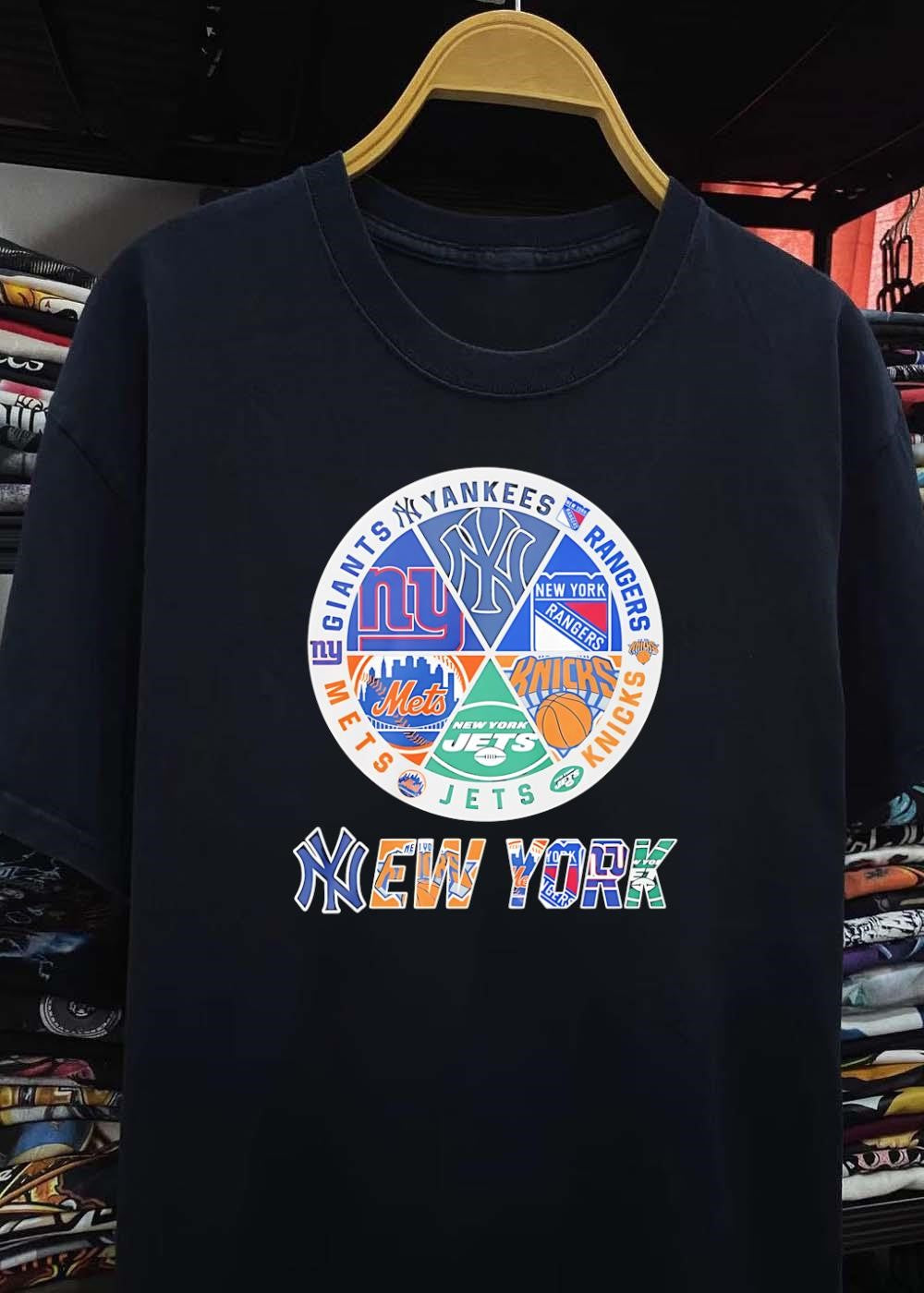 NY Sports Fan Collage Yankee Mets Giants Ranger Knick Jet Logo Printed shirt