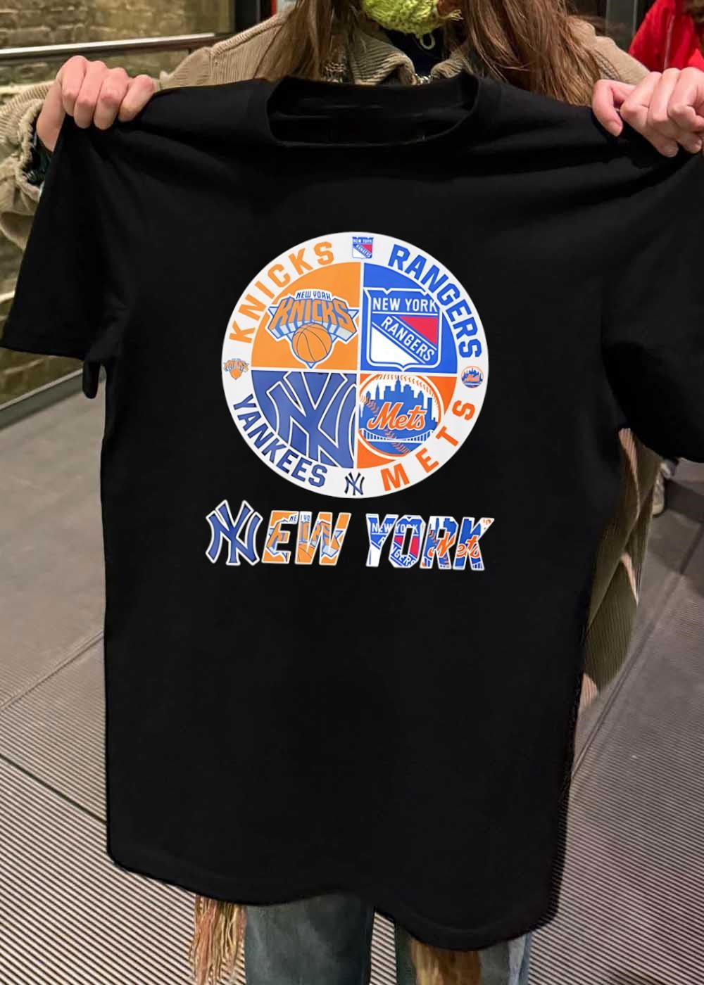 New York Knick Rangers Yankee Met Logo Print shirt