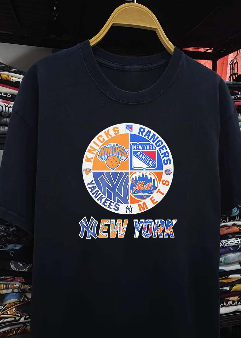New York Knick Rangers Yankee Met Logo Print shirt
