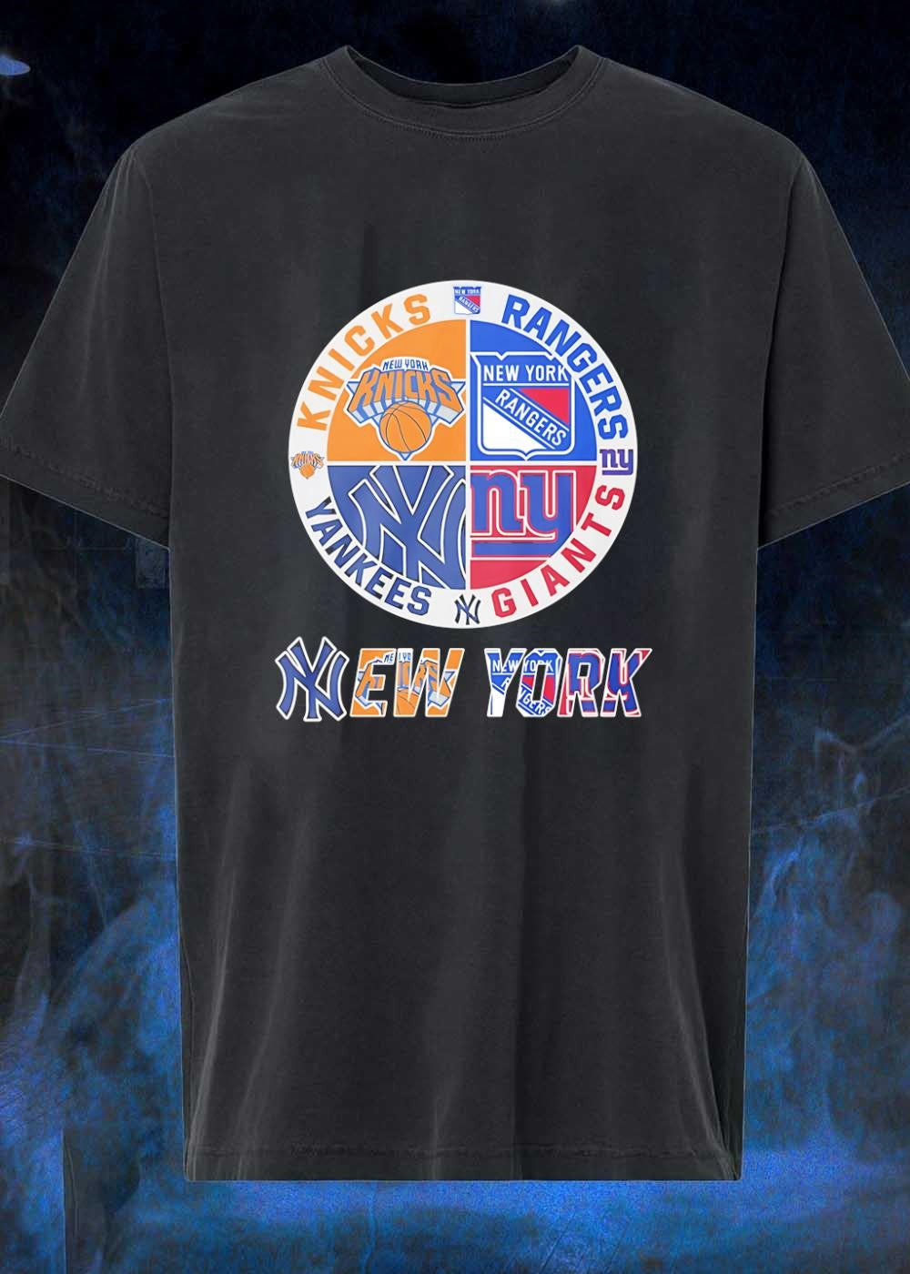 New York Knickerbockers Rangers Yankees Giants Emblem Apparel shirt