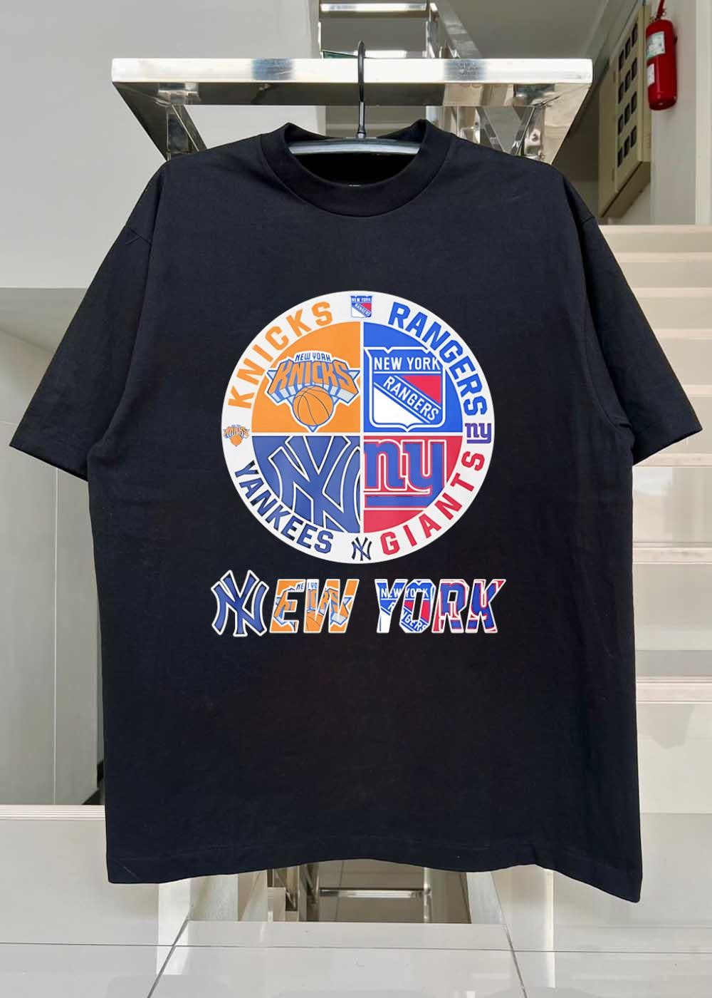 New York Knickerbockers Rangers Yankees Giants Emblem Apparel shirt