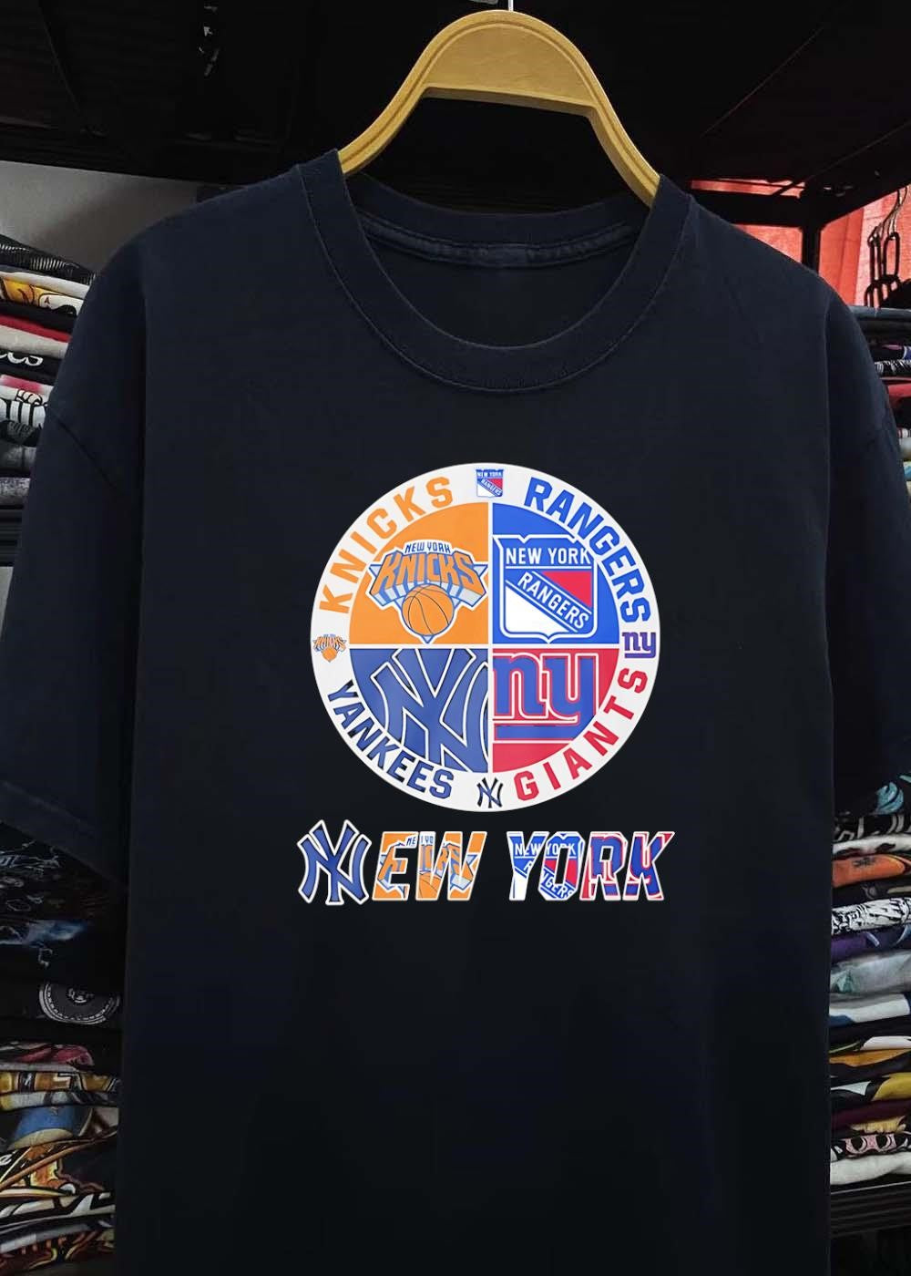 New York Knickerbockers Rangers Yankees Giants Emblem Apparel shirt