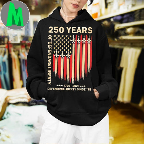 250 Years of Defending Liberty 1776-2026 American Flag Jet Graphic T-Shirt