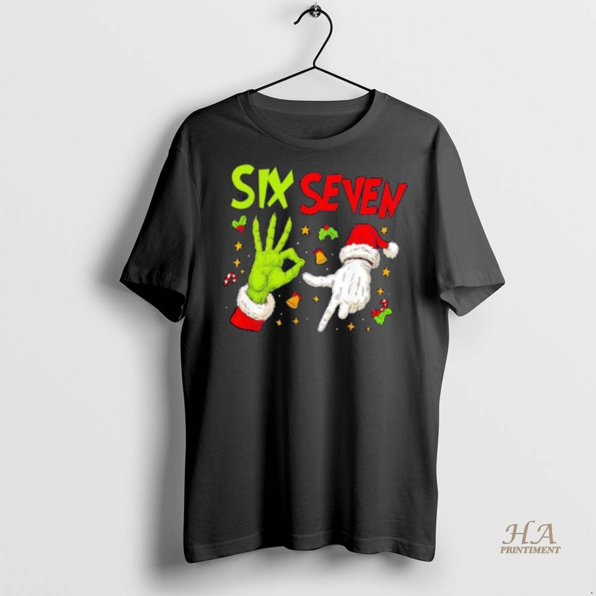 Official Grinch And Santa Hands Six Seven Christmas Shirt