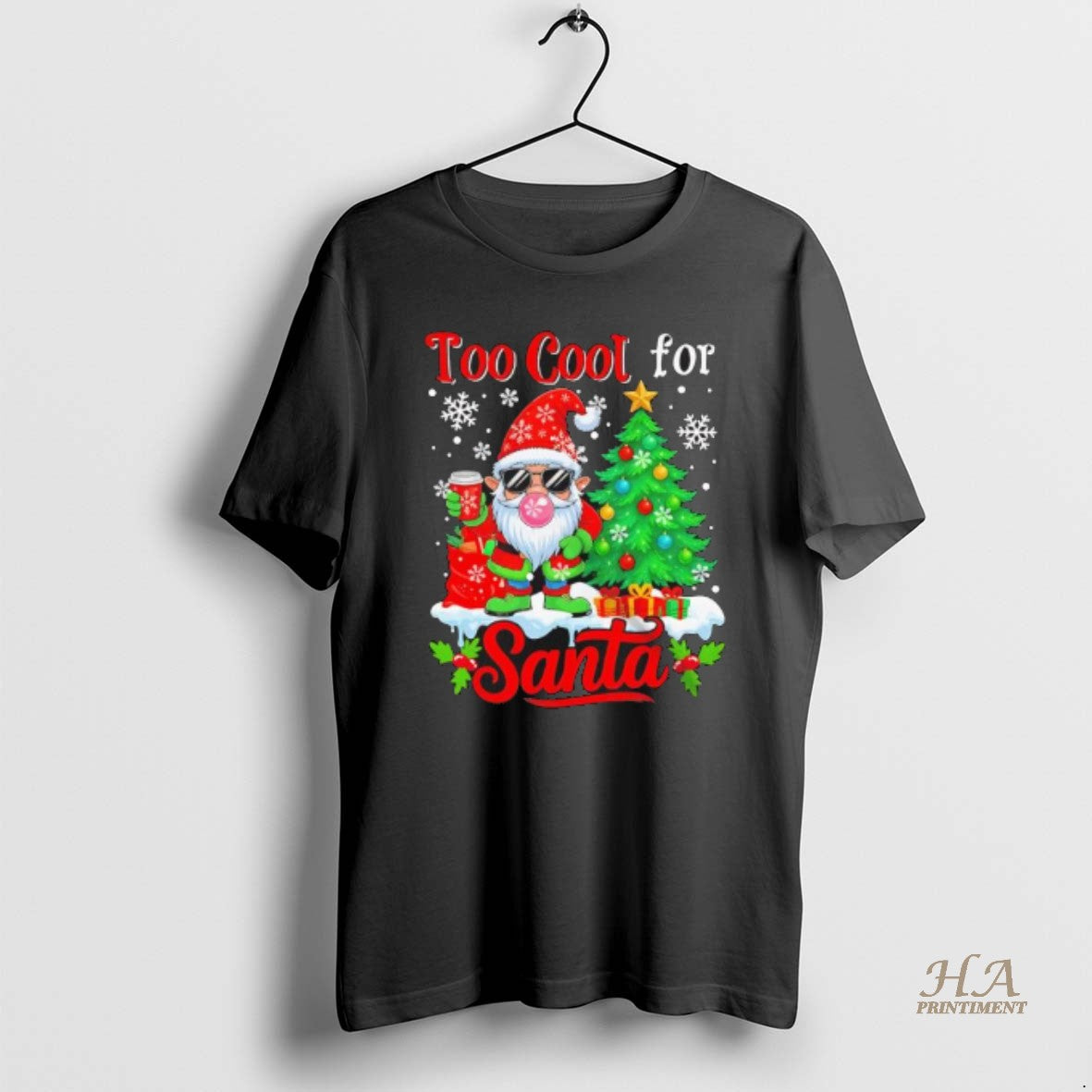 Official Too Cool For Santa Merry Christmas Gnome Sunglasses Drink Coffee Black